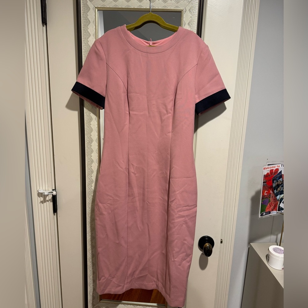 Amy Matto NYC pink midi dress with black trimmed sleeves